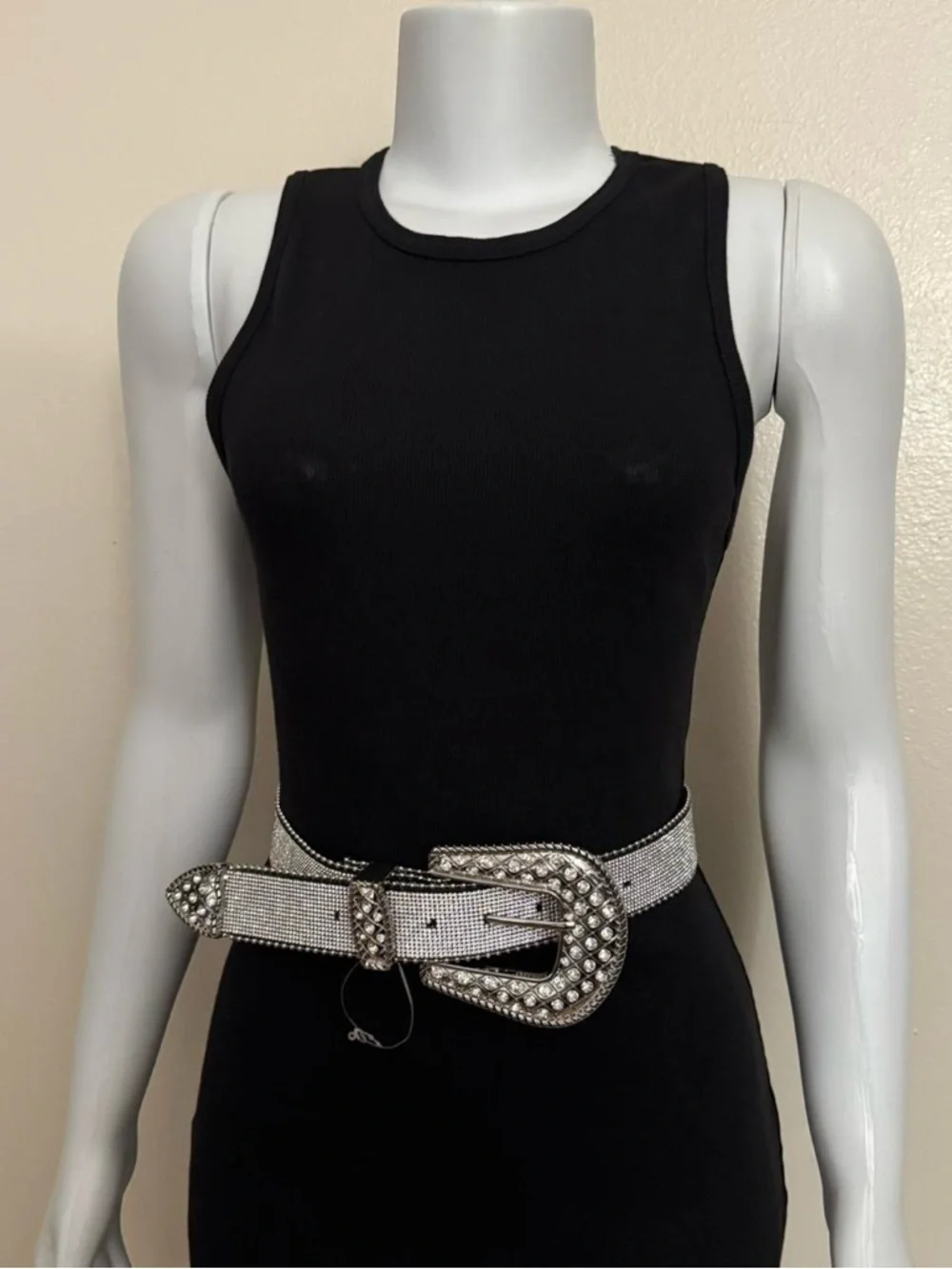 Western silver tone PU leather chunky buckle rhinestone details skinny belt